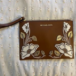 MK Large Zip Clutch, Deep Beige, Leather with Floral Embellishment